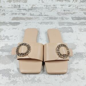 New Open Edit Lely Tan Cream Square Toe Slide Sandals E939